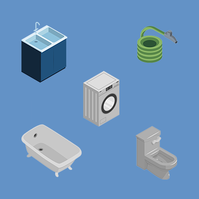 Illustrations of sink, washing machine, hose, bathtub, and toilet