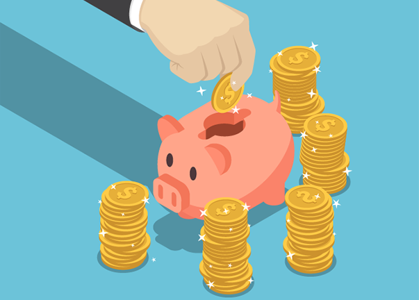 Cal EITC, hand placing coins into a piggy bank