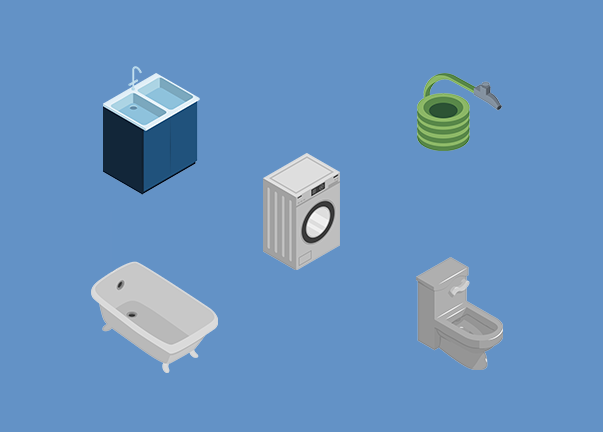 Illustrations of sink, washing machine, hose, bathtub, and toilet